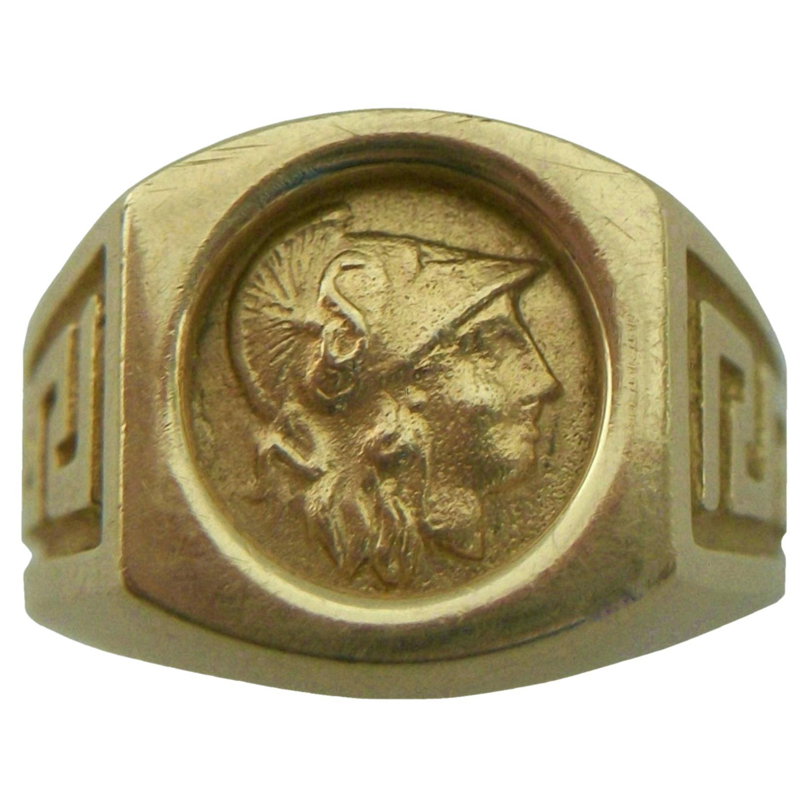 Ancient Greek 4th Century (330 BC - 220 BC) Alexander the Great 1/4 Stater gold coin (22K gold) - the antique coin recess mounted (prong set from behind) in a 14K yellow gold ring setting with Greek key details to the shoulders - warm aged patina -