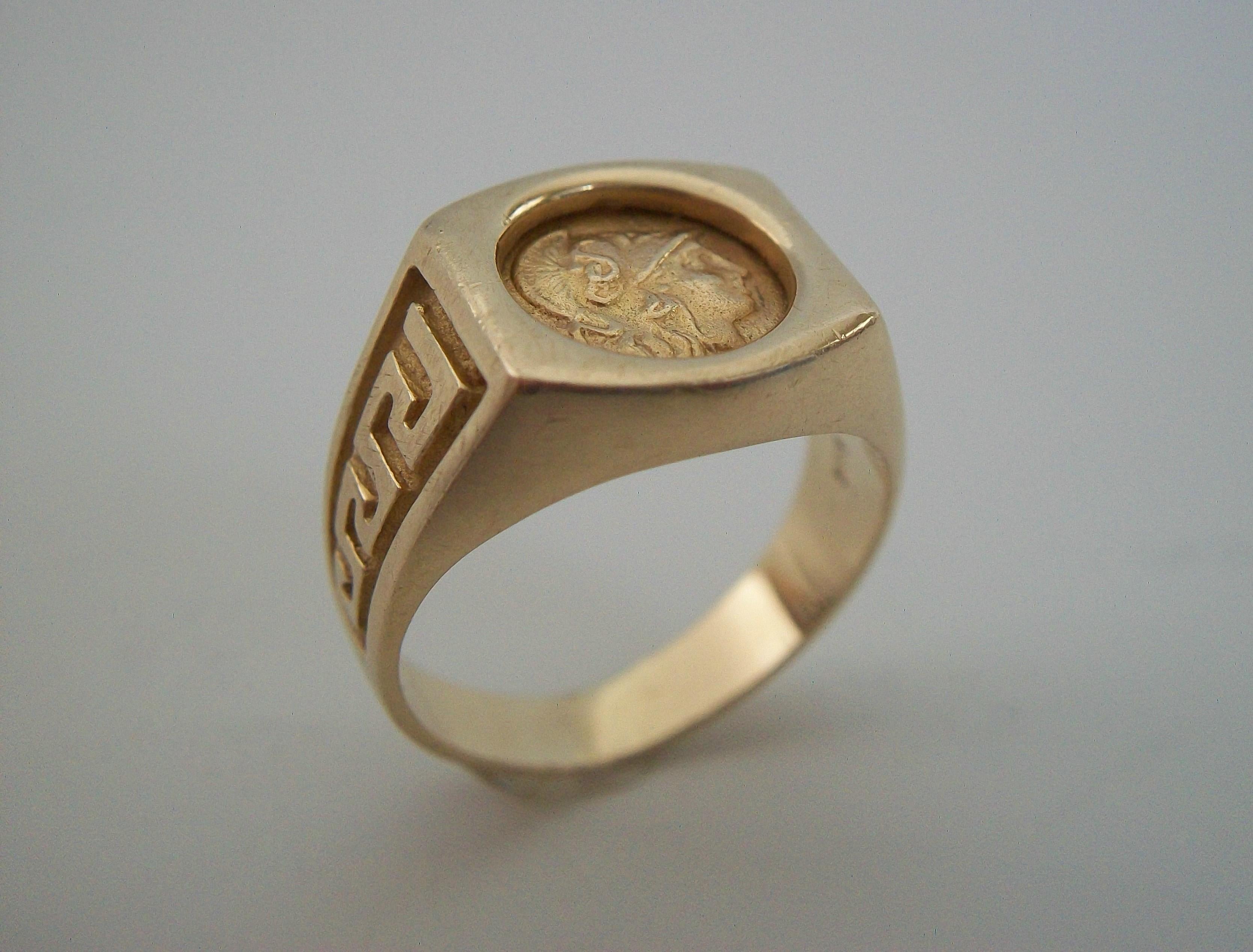 Classical Greek Ancient Greek 4th Century BC Gold Coin Ring - 14K Gold Setting - Circa 1980's For Sale