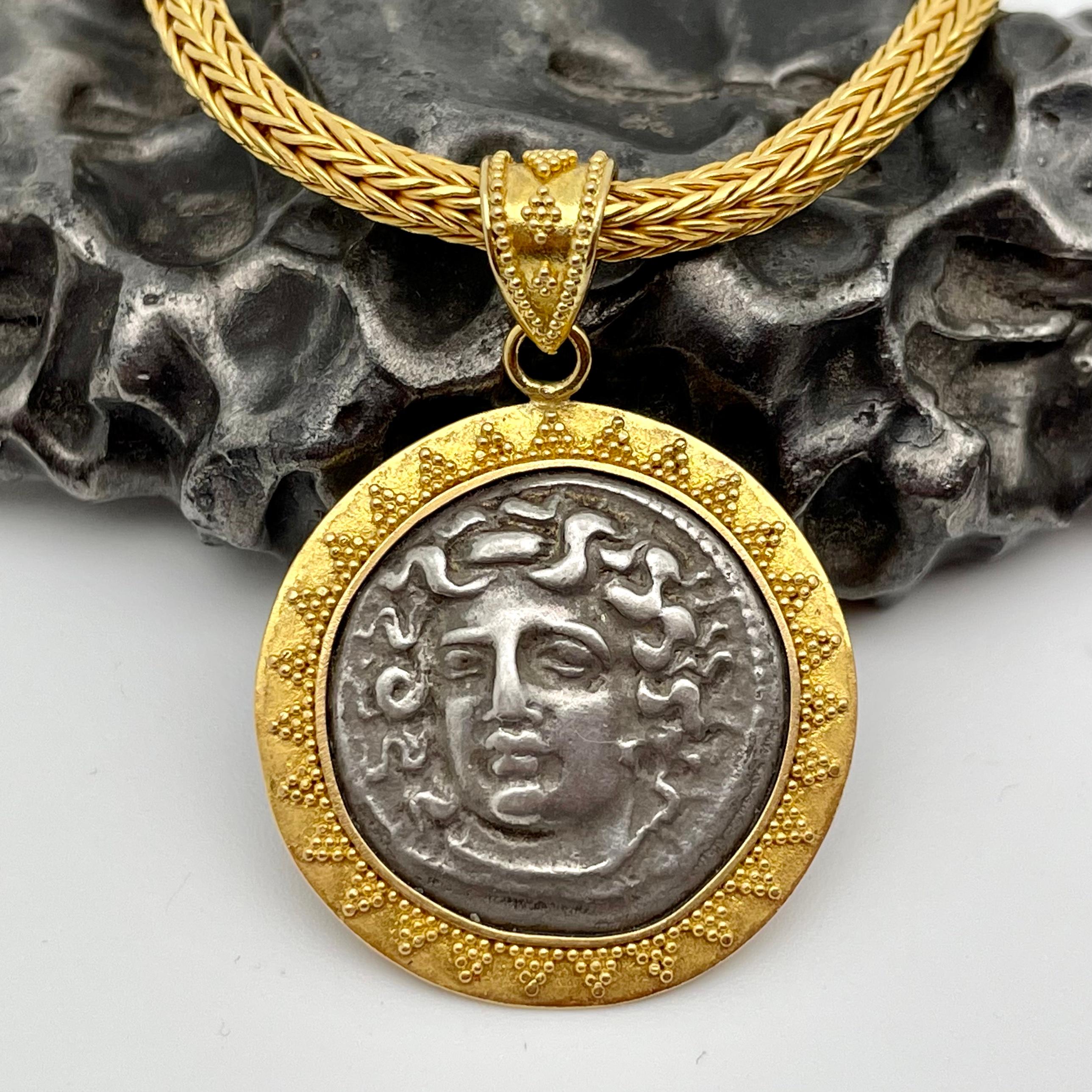 Classical Greek Ancient Greek 4th Century BC Larissa Nymph Coin 22K Gold Pendant For Sale