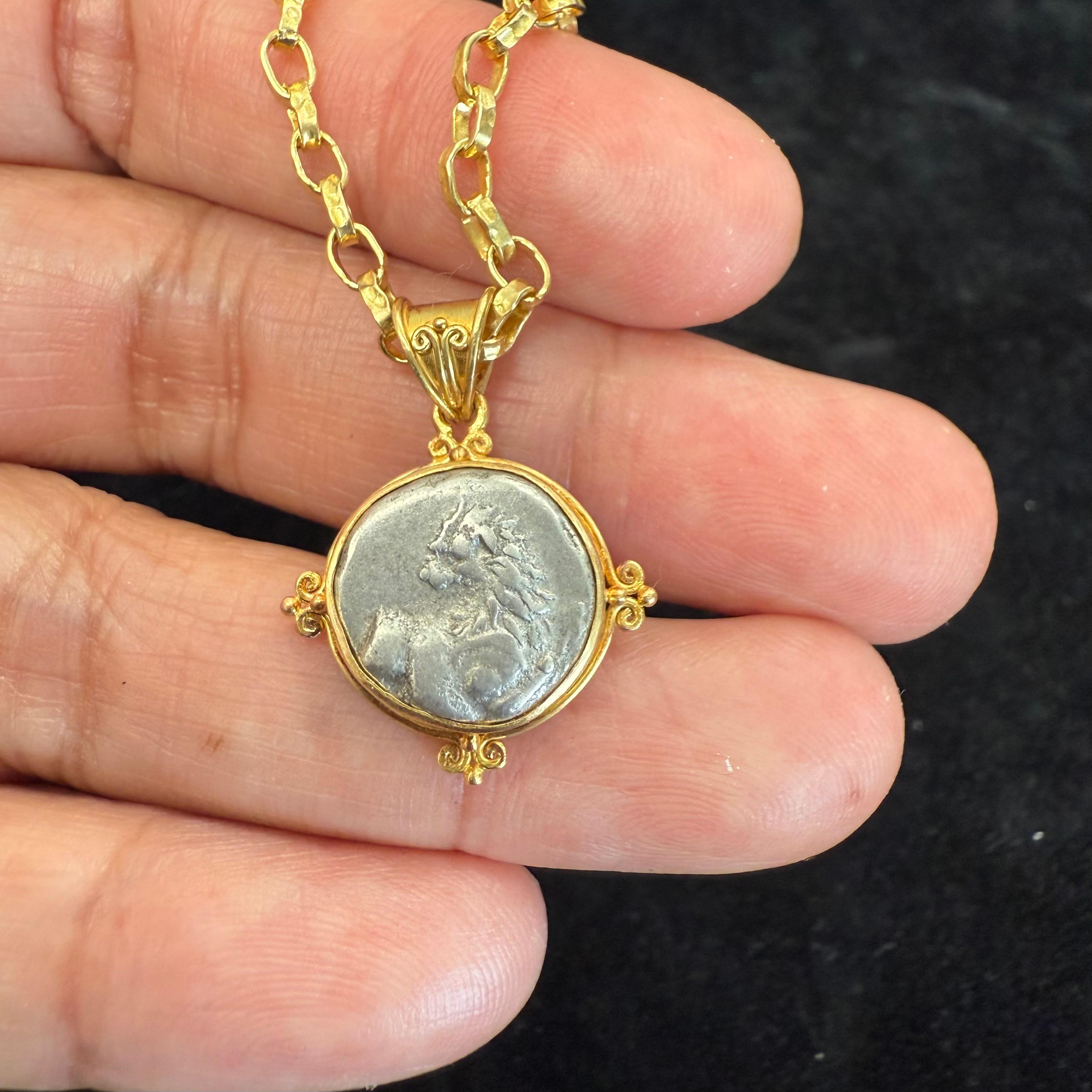 Ancient Greek 4th Century BC Lion Coin 18K Gold Pendant For Sale 5