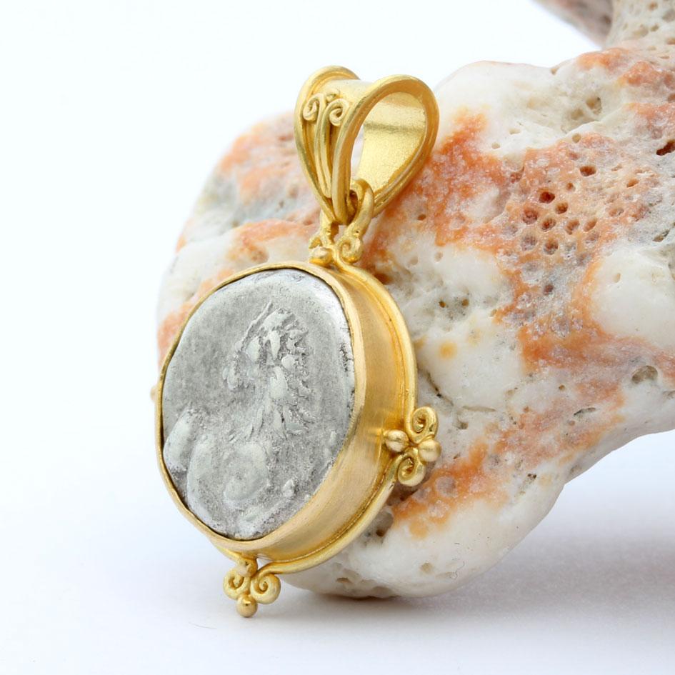 Classical Greek Ancient Greek 4th Century BC Lion Coin 18K Gold Pendant For Sale