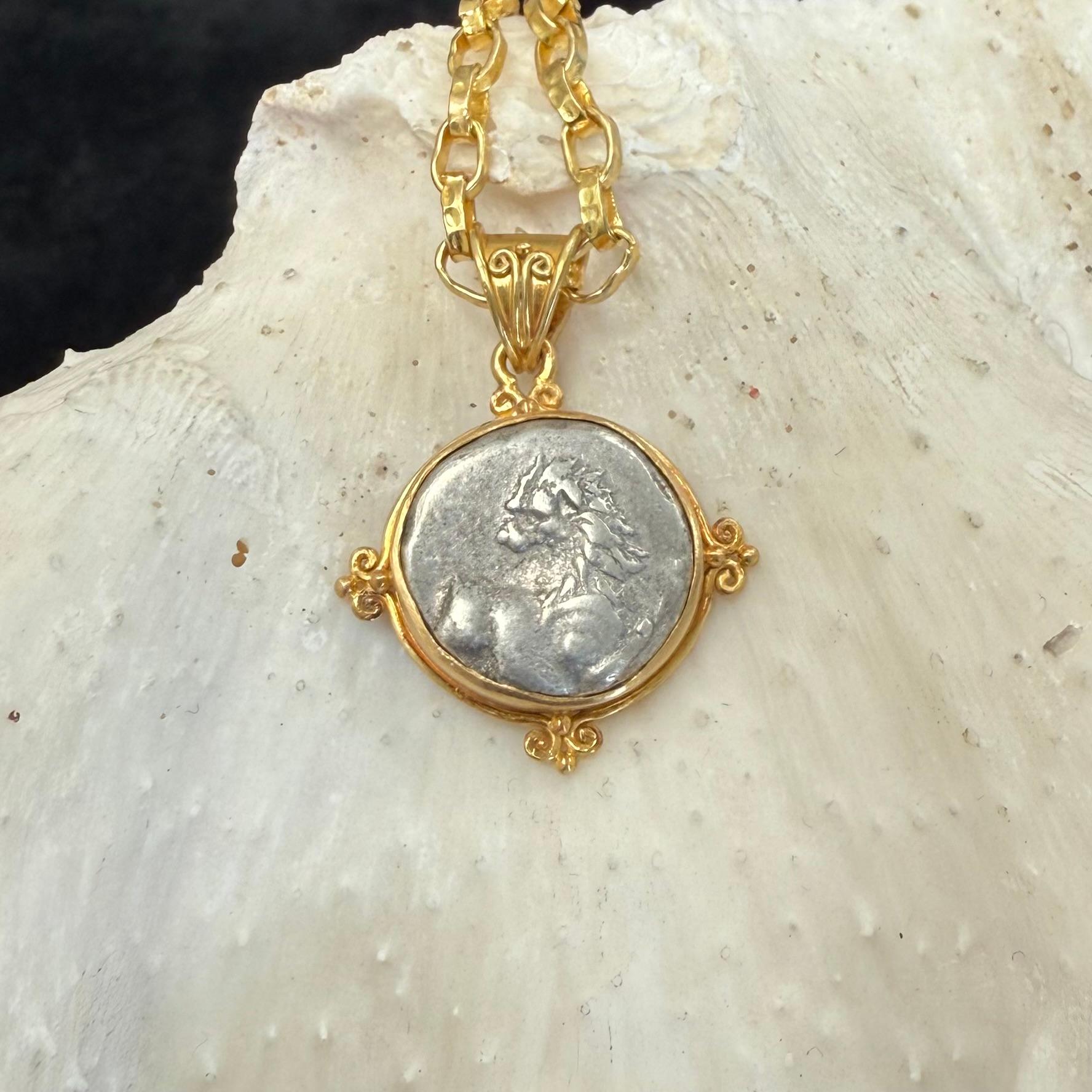 Ancient Greek 4th Century BC Lion Coin 18K Gold Pendant For Sale 3
