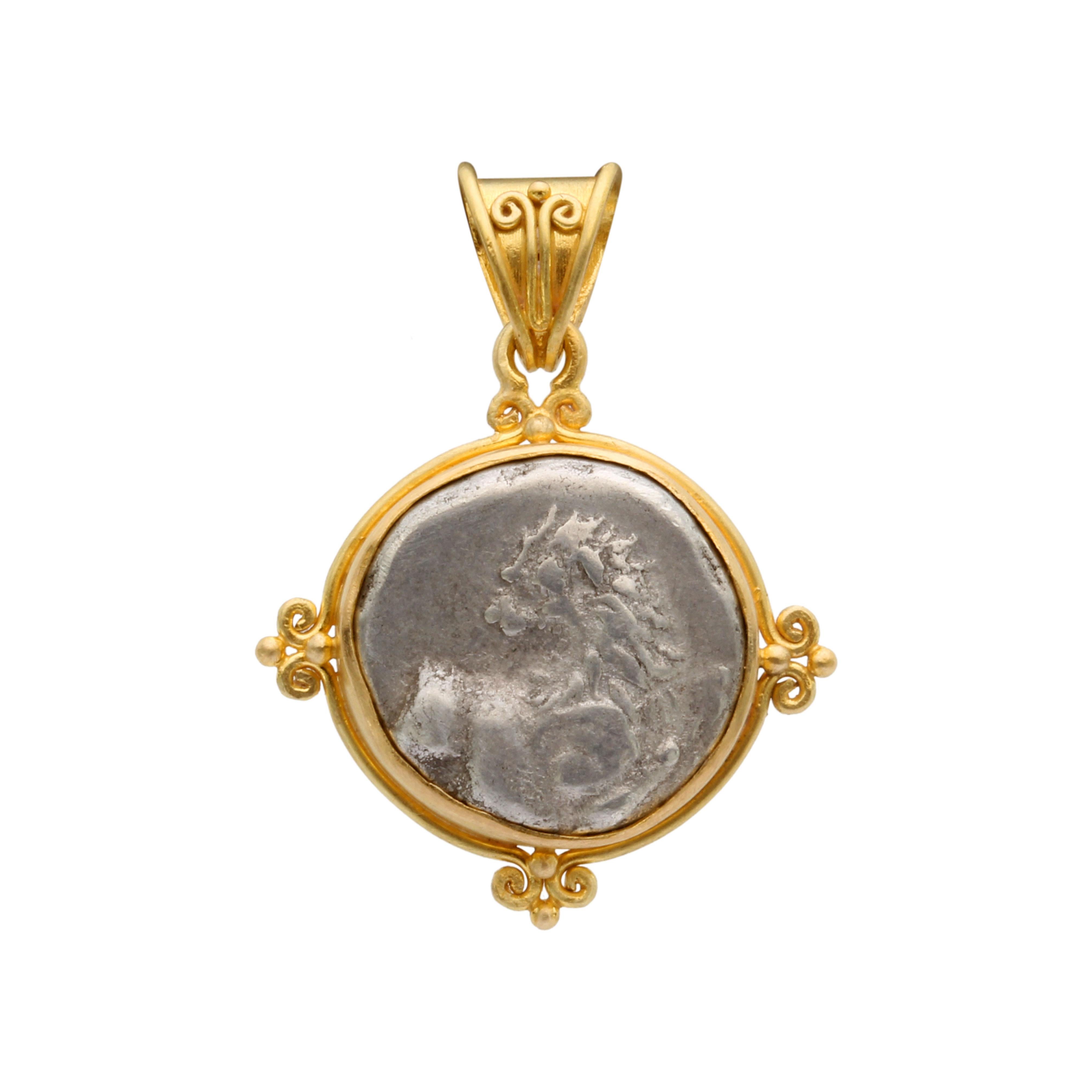 Ancient Greek 4th Century BC Lion Coin 18K Gold Pendant