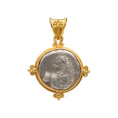 Ancient Greek 4th Century BC Lion Coin 18K Gold Pendant