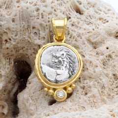 Ancient Greek 4th Century BC Lion Coin Diamond 18K Gold Pendant