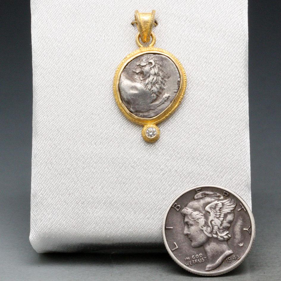 Rose Cut Ancient Greek 4th Century BC Lion Coin Diamond 18K Gold Pendant For Sale