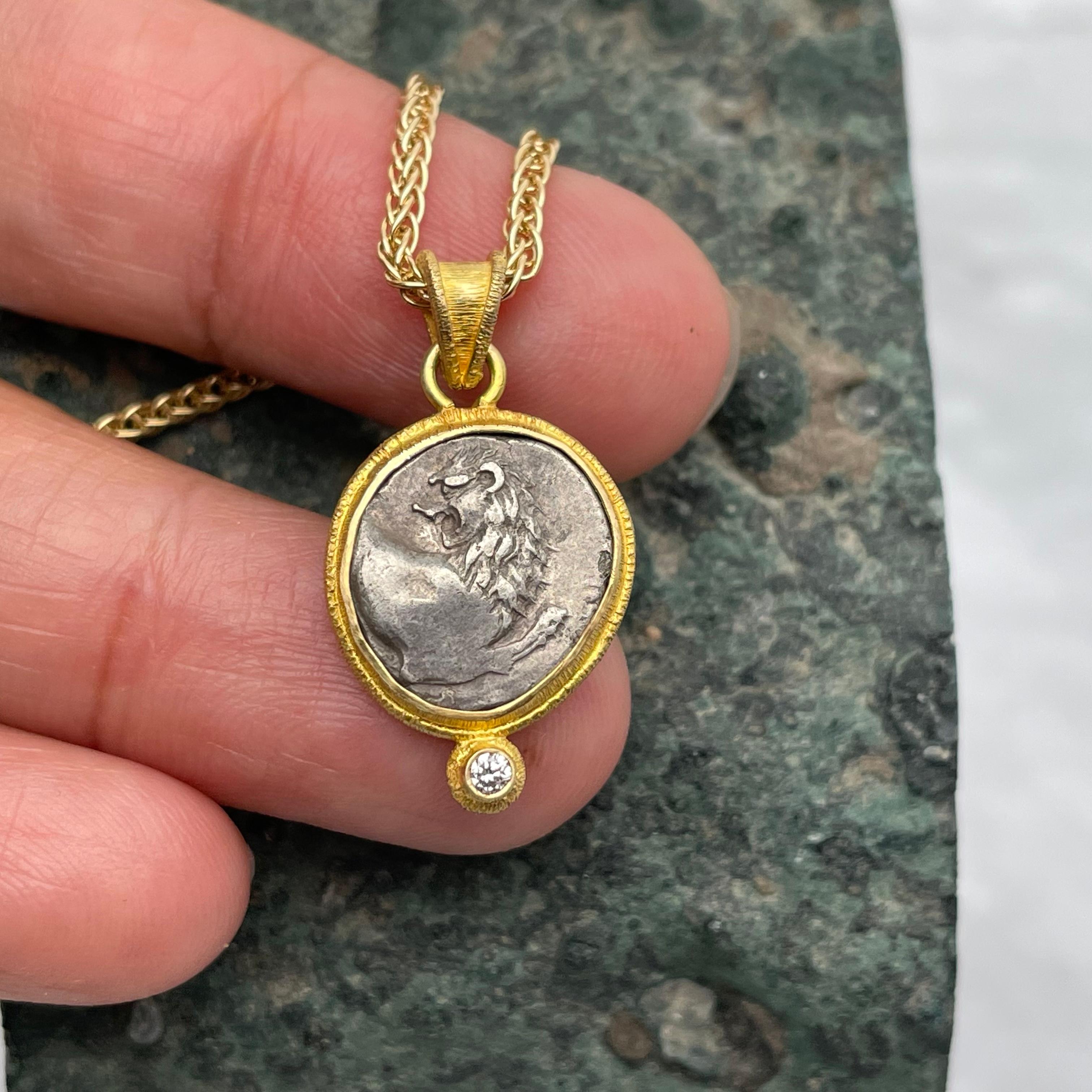 Women's or Men's Ancient Greek 4th Century BC Lion Coin Diamond 18K Gold Pendant For Sale
