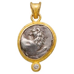 Ancient Greek 4th Century BC Lion Coin Diamond 18K Gold Pendant