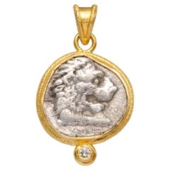 Ancient Greek 4th Century BC Lion Coin Diamond 18K Gold Pendant With 18K Chain