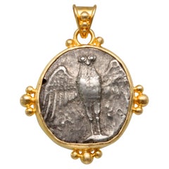 Ancient Greek 4th Century BC Owl Coin 18K Gold Pendant