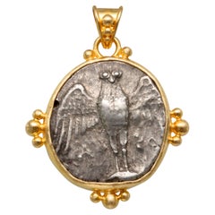 Ancient Greek 4th Century BC Owl Coin 18K Gold Pendant 24" 18K Medium Chain