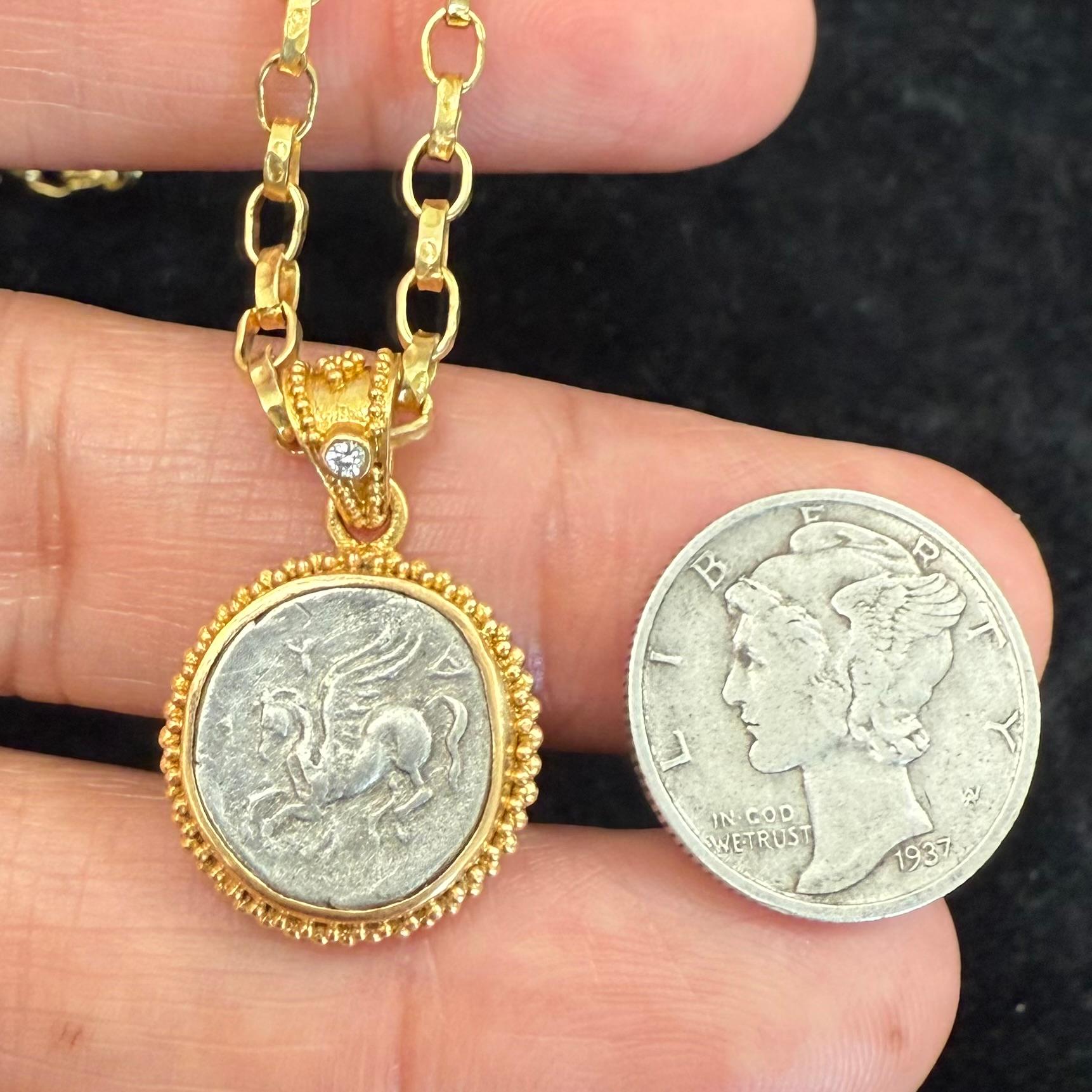 Ancient Greek 4th Century BC Pegasus Coin Diamond 22K Gold Pendant For Sale 4