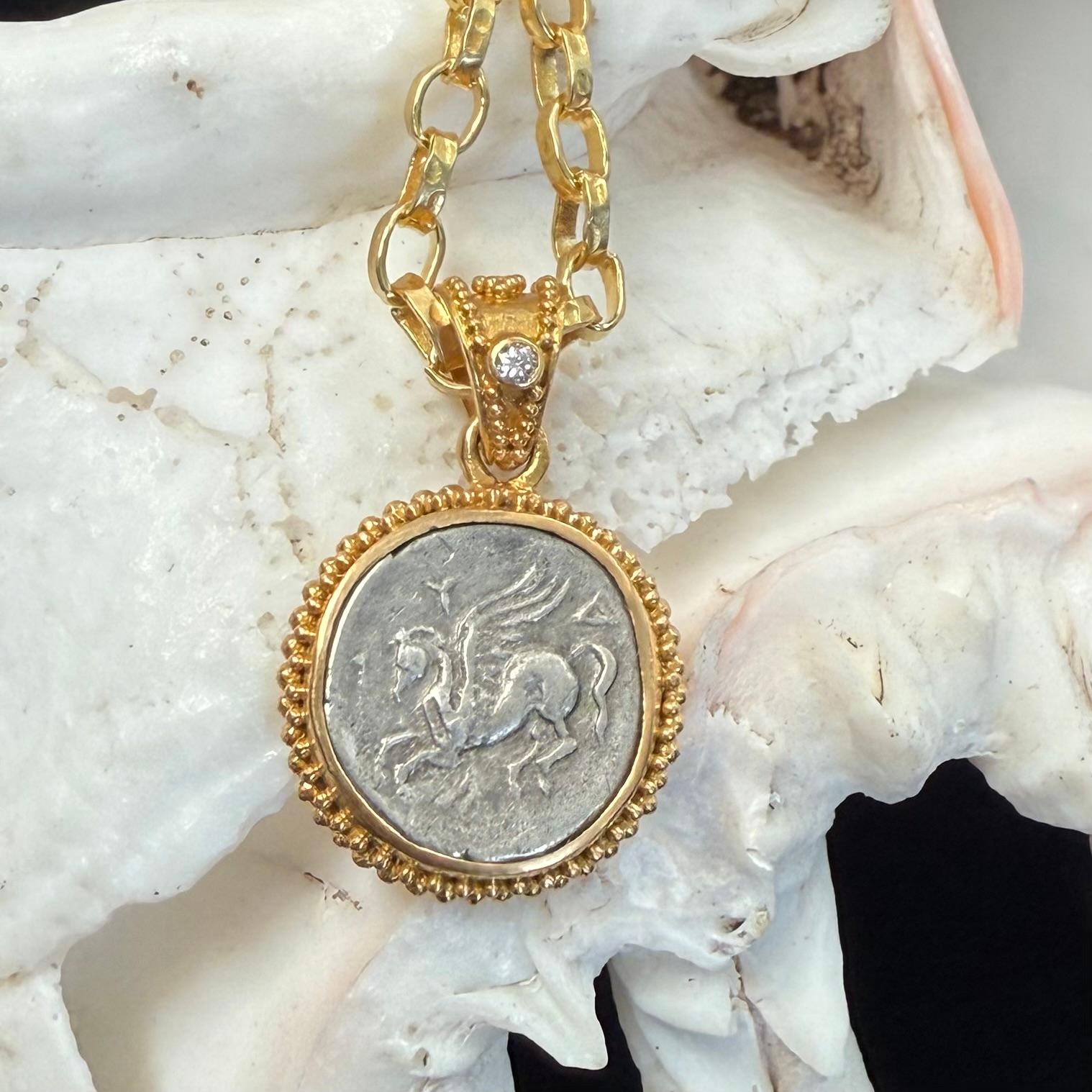 Ancient Greek 4th Century BC Pegasus Coin Diamond 22K Gold Pendant For Sale 5