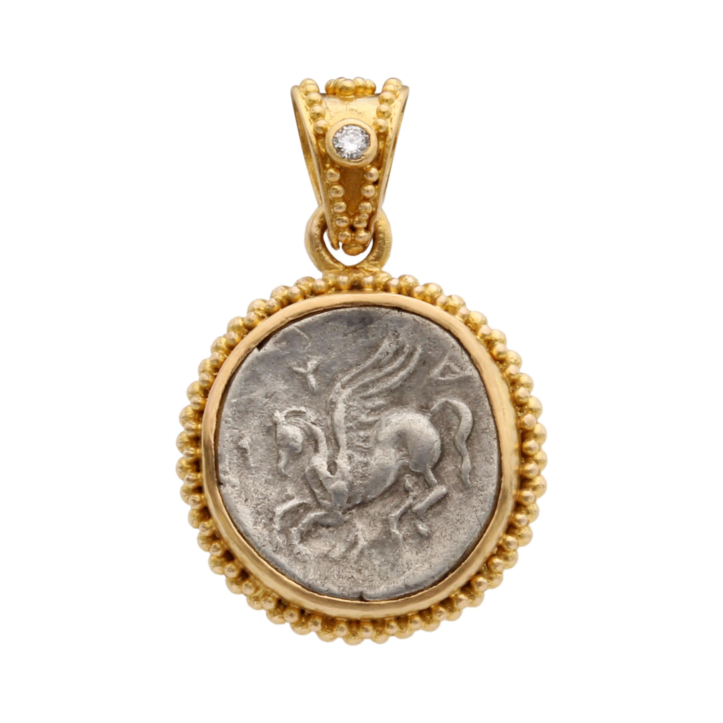 Classical Greek Ancient Greek 4th Century BC Pegasus Coin Diamond 22K Gold Pendant For Sale