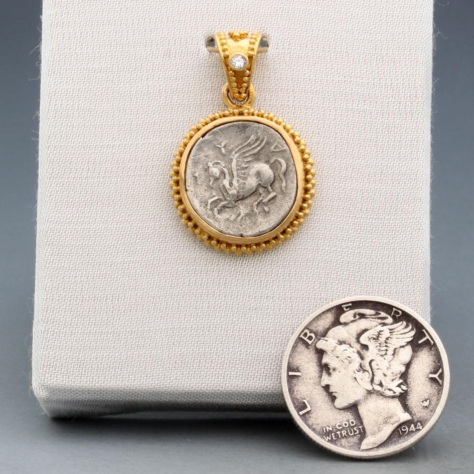 Rose Cut Ancient Greek 4th Century BC Pegasus Coin Diamond 22K Gold Pendant For Sale
