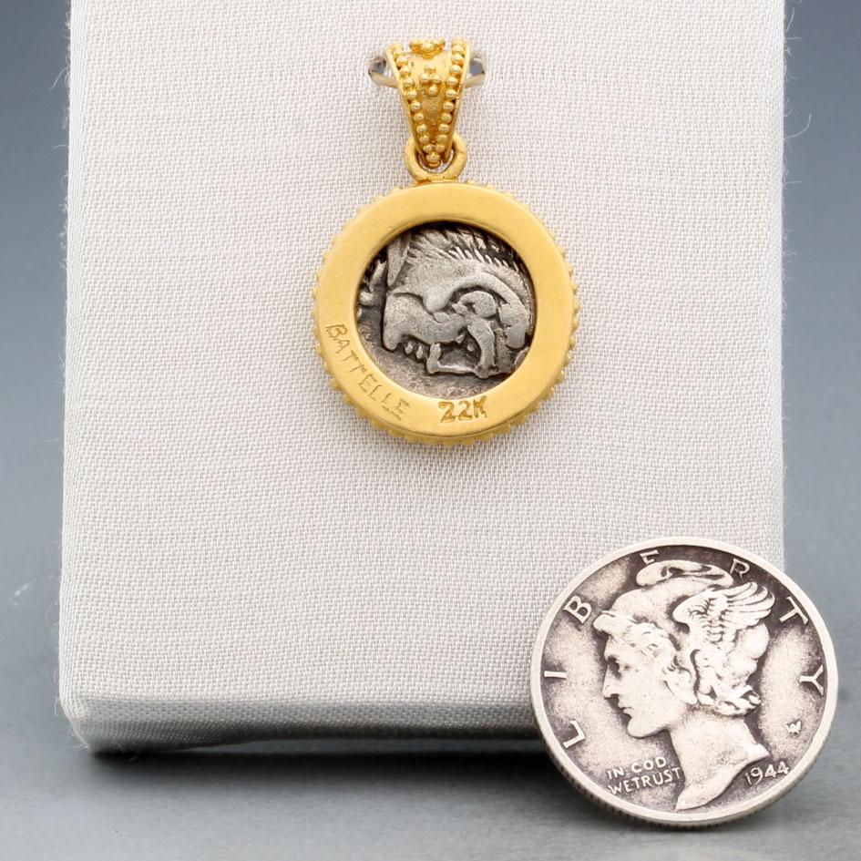 Ancient Greek 4th Century BC Pegasus Coin Diamond 22K Gold Pendant In New Condition For Sale In Soquel, CA