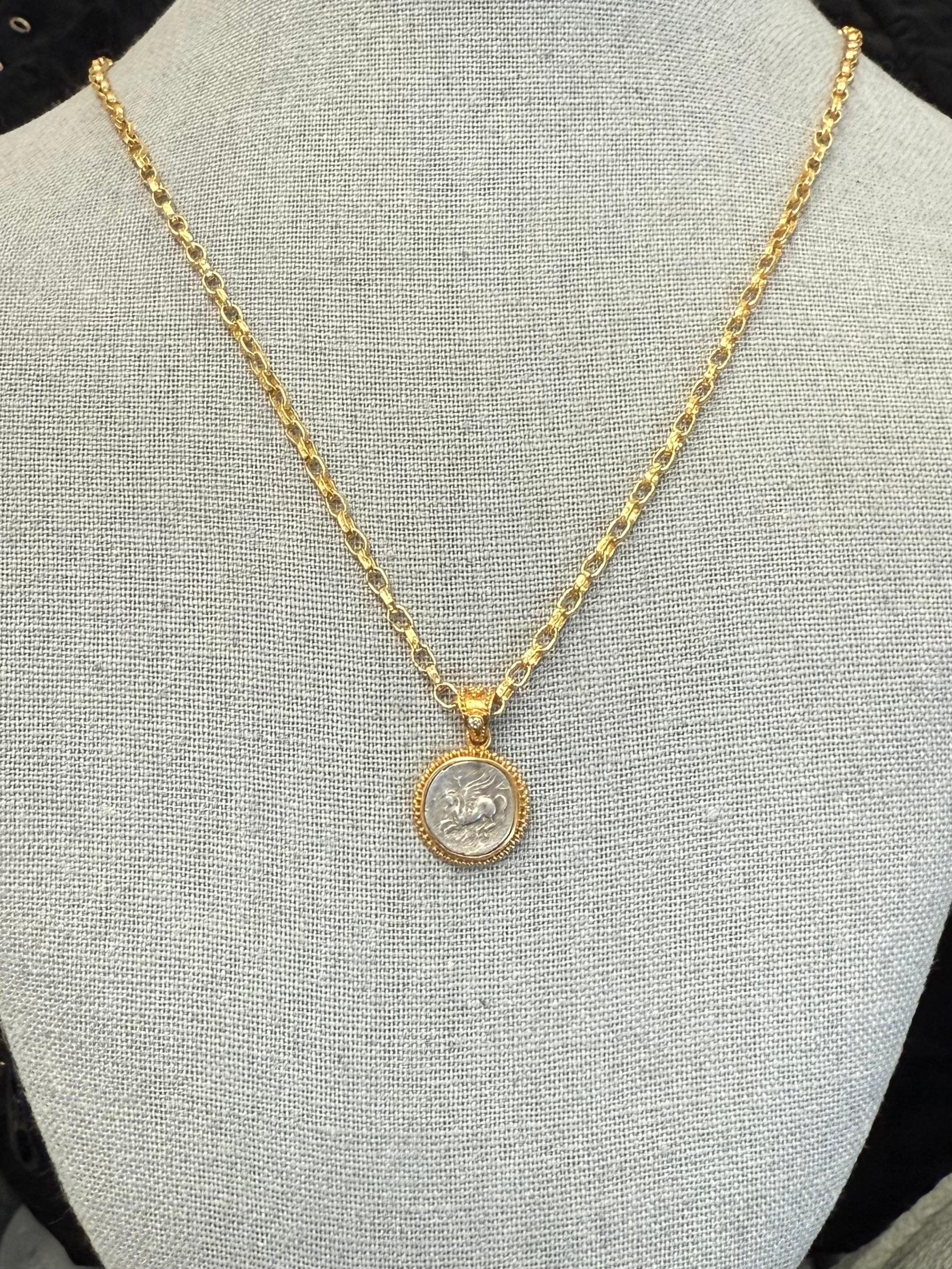 Ancient Greek 4th Century BC Pegasus Coin Diamond 22K Gold Pendant For Sale 1