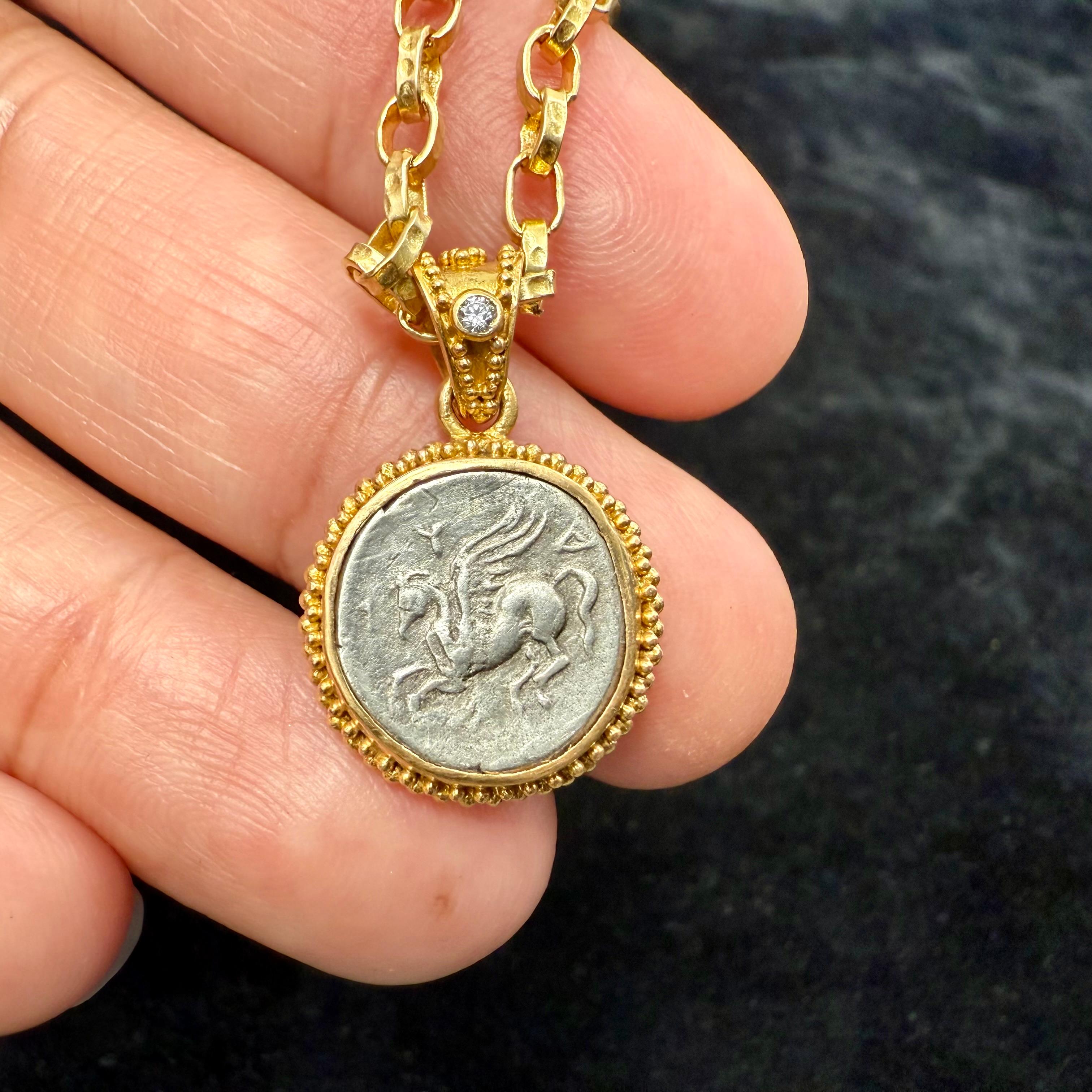 Ancient Greek 4th Century BC Pegasus Coin Diamond 22K Gold Pendant For Sale 3