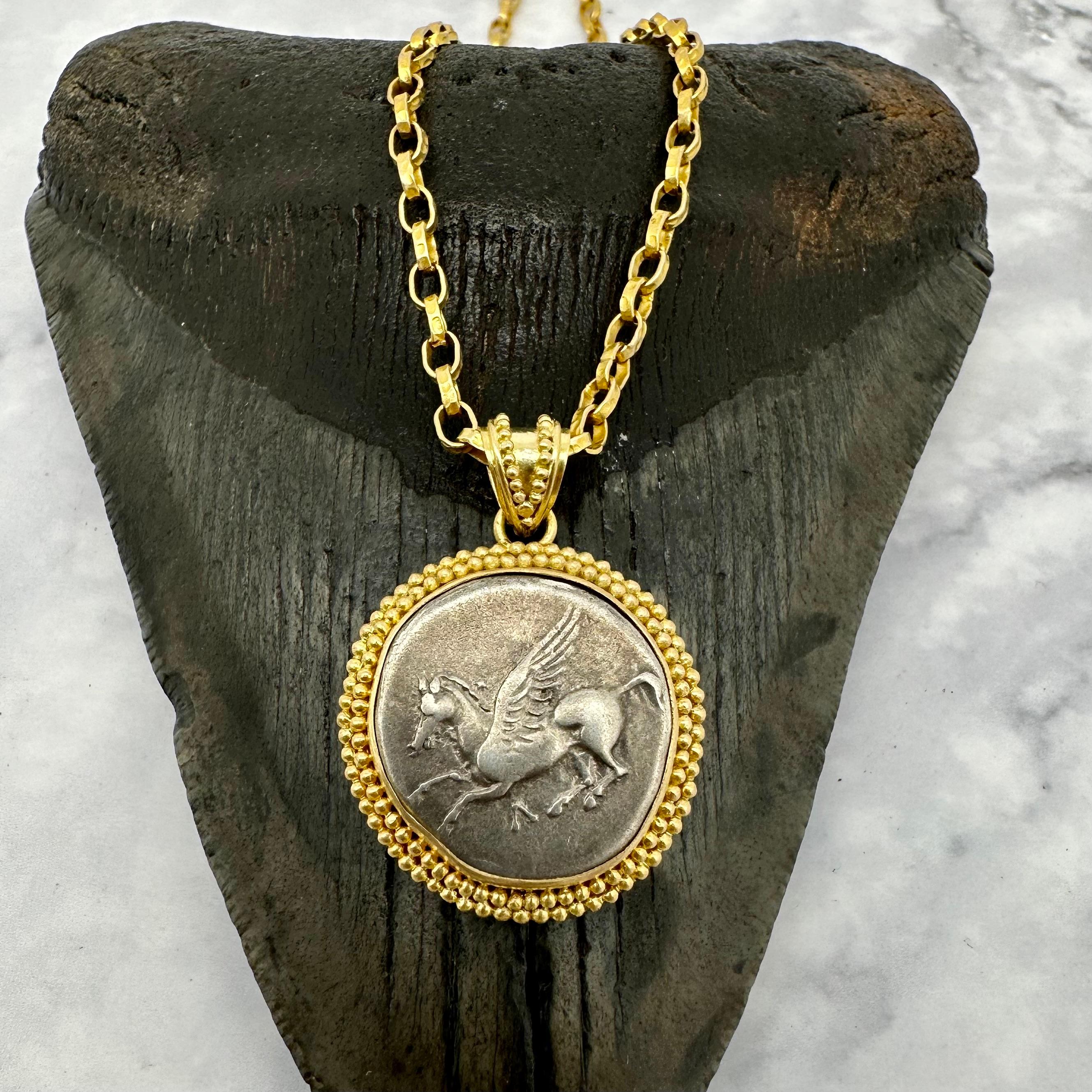 Classical Greek Ancient Greek 4th Century BC Pegasus Coin Granulated 18K Gold Pendant For Sale
