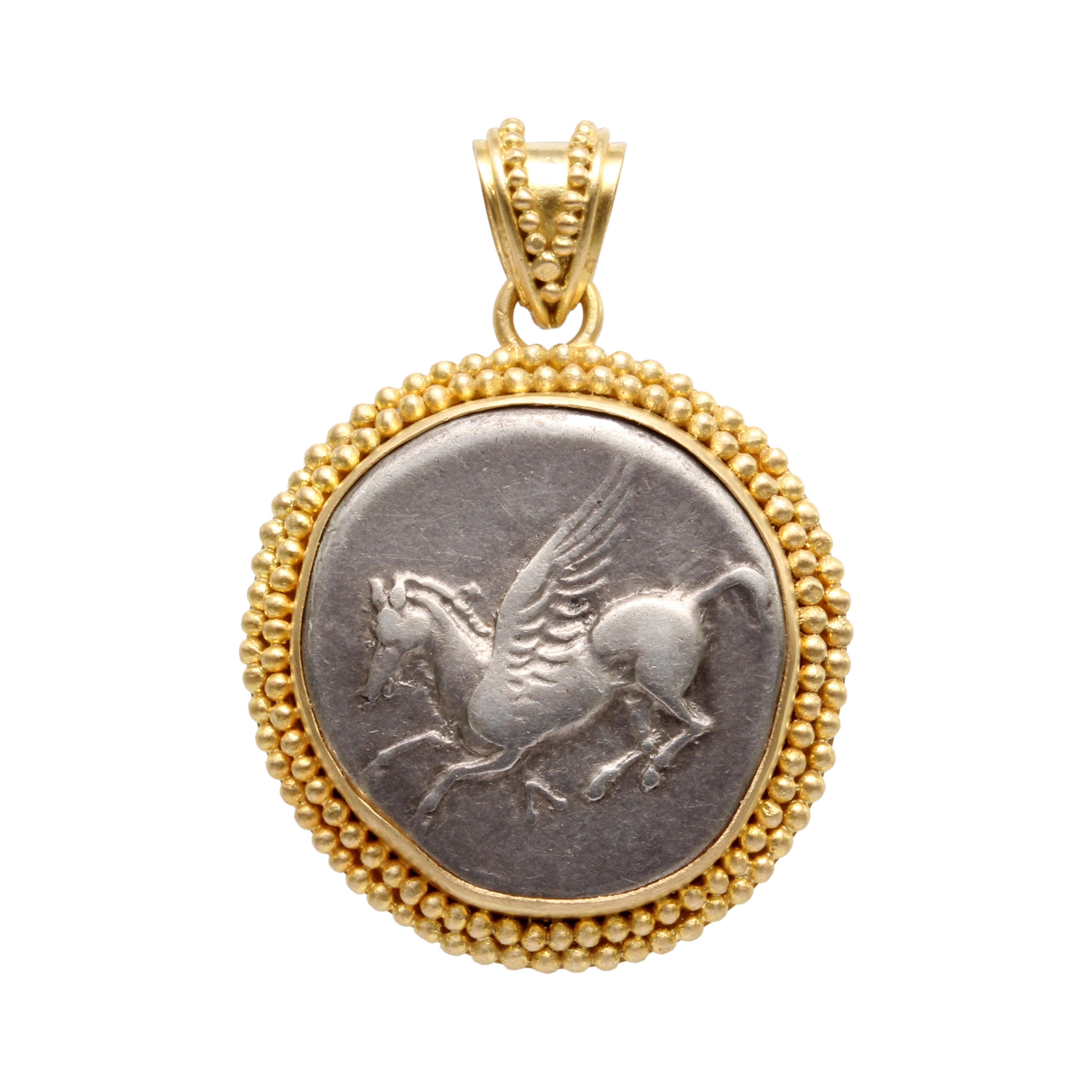 Ancient Greek 4th Century BC Pegasus Coin Granulated 18K Gold Pendant For Sale