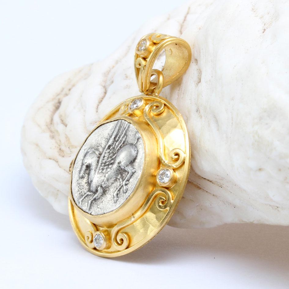 Ancient Greek 4th Century BC Sicily Pegasus Coin Diamonds 22K Gold Pendant  For Sale 4