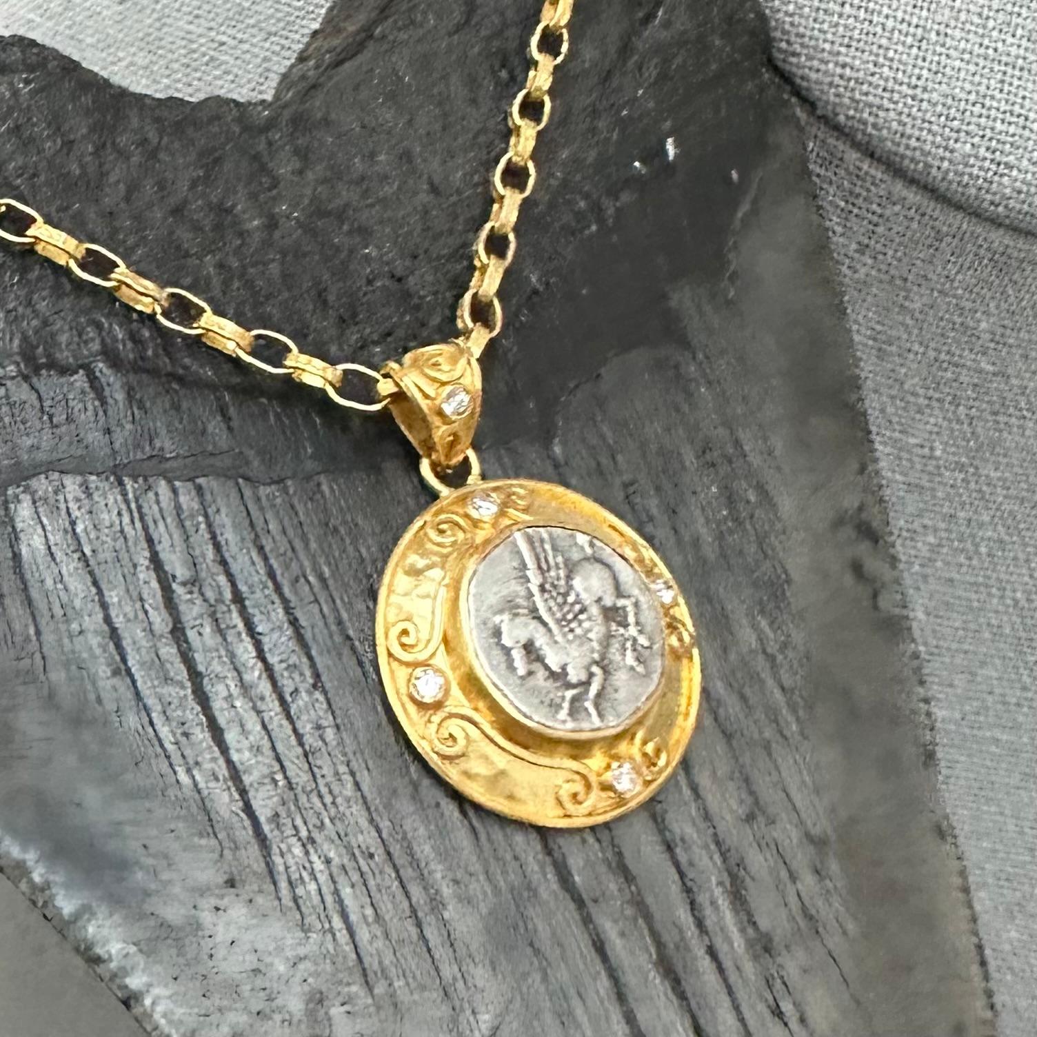 Rose Cut Ancient Greek 4th Century BC Sicily Pegasus Coin Diamonds 22K Gold Pendant  For Sale