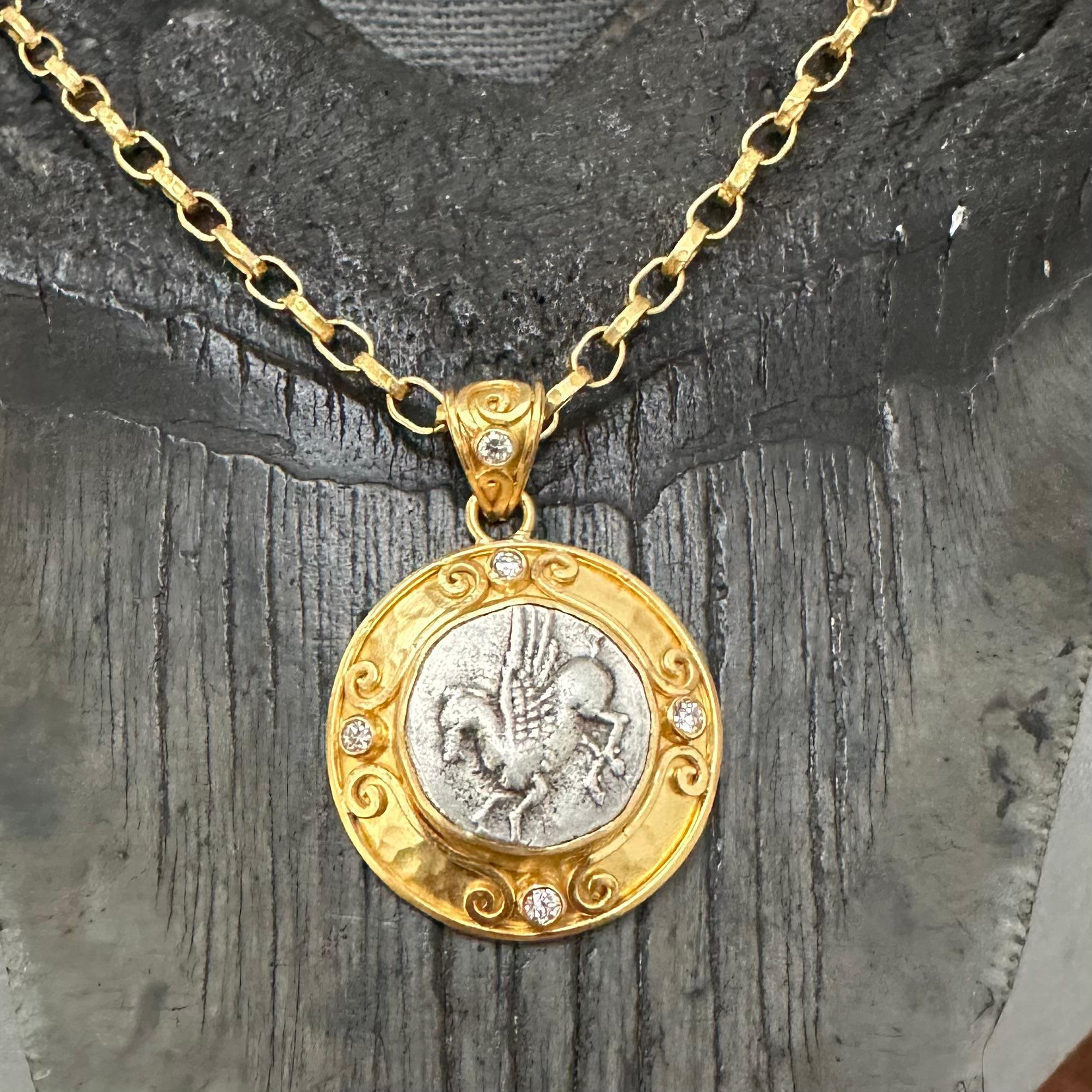 Women's or Men's Ancient Greek 4th Century BC Sicily Pegasus Coin Diamonds 22K Gold Pendant  For Sale