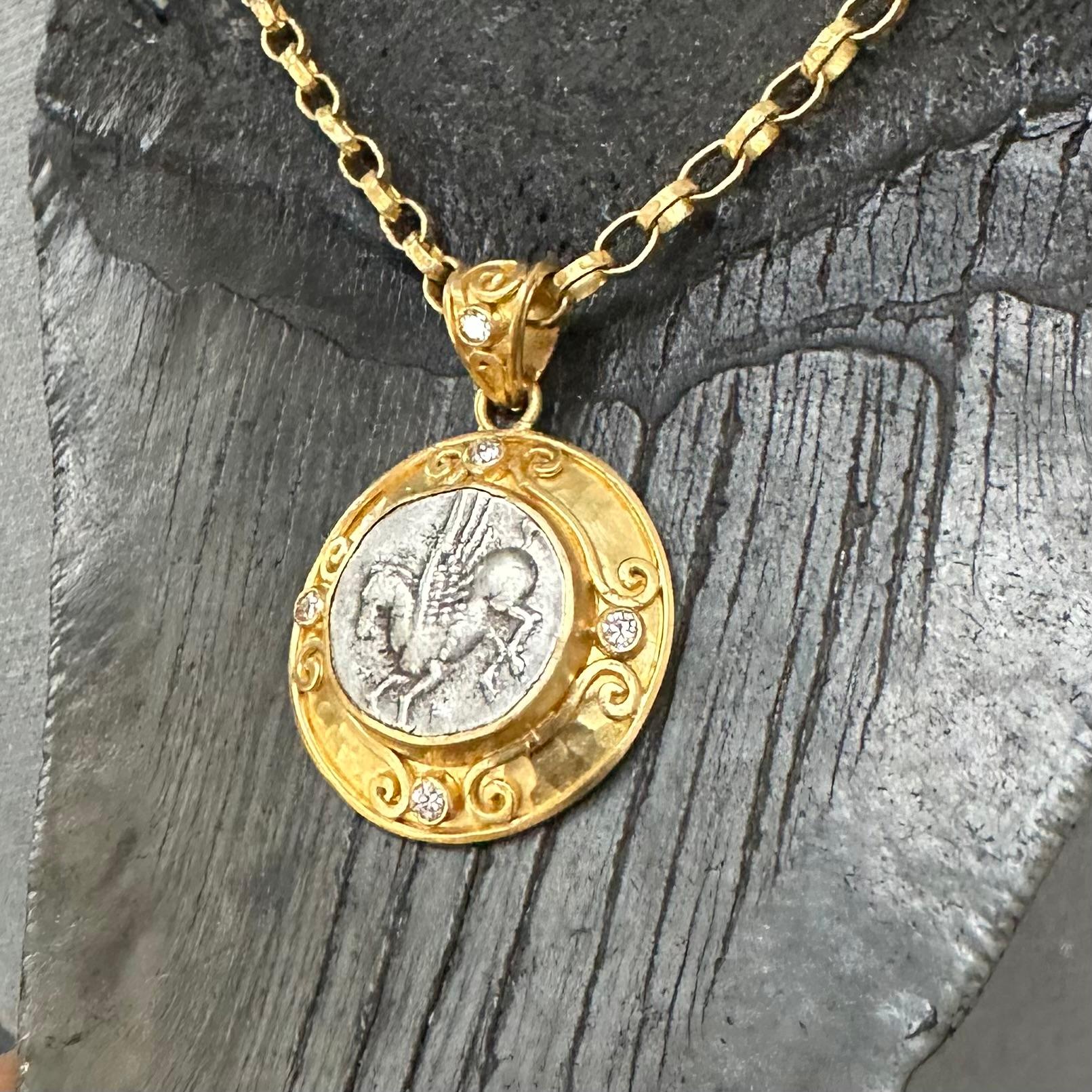 Ancient Greek 4th Century BC Sicily Pegasus Coin Diamonds 22K Gold Pendant  For Sale 1