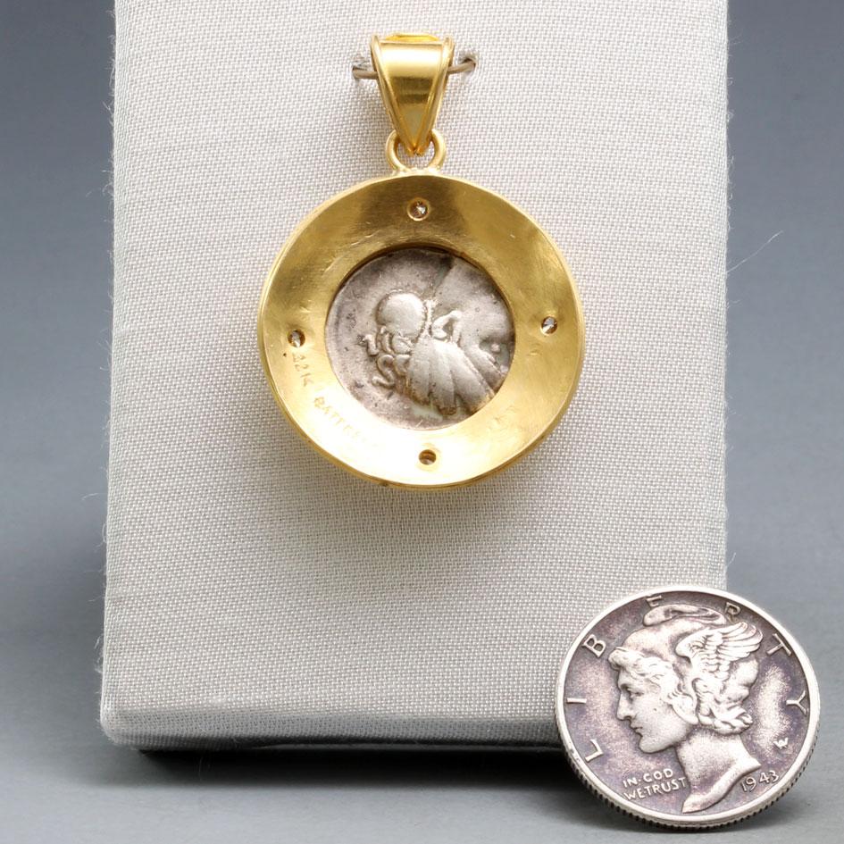 Ancient Greek 4th Century BC Sicily Pegasus Coin Diamonds 22K Gold Pendant  For Sale 3