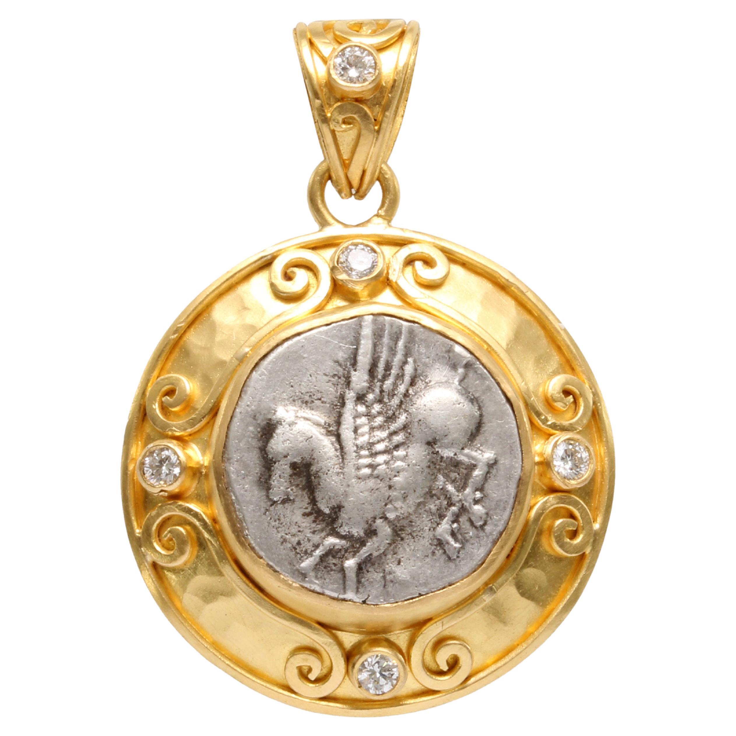 Ancient Greek 4th Century BC Sicily Pegasus Coin Diamonds 22K Gold Pendant  For Sale