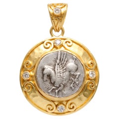 Antike griechische 4. Jahrhundert v. Chr. Sizilien Pegasus Münze Diamanten 22K Gold-Anhänger 
