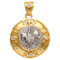 Ancient Greek 4th Century BC Sicily Pegasus Coin Diamonds 22K Gold Pendant