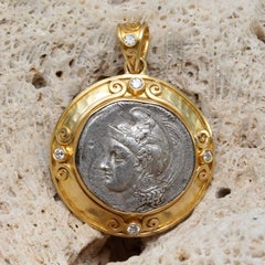 Ancient Greek 4th Century BC Goddess Athena Coin Diamonds 18K Gold Pendant