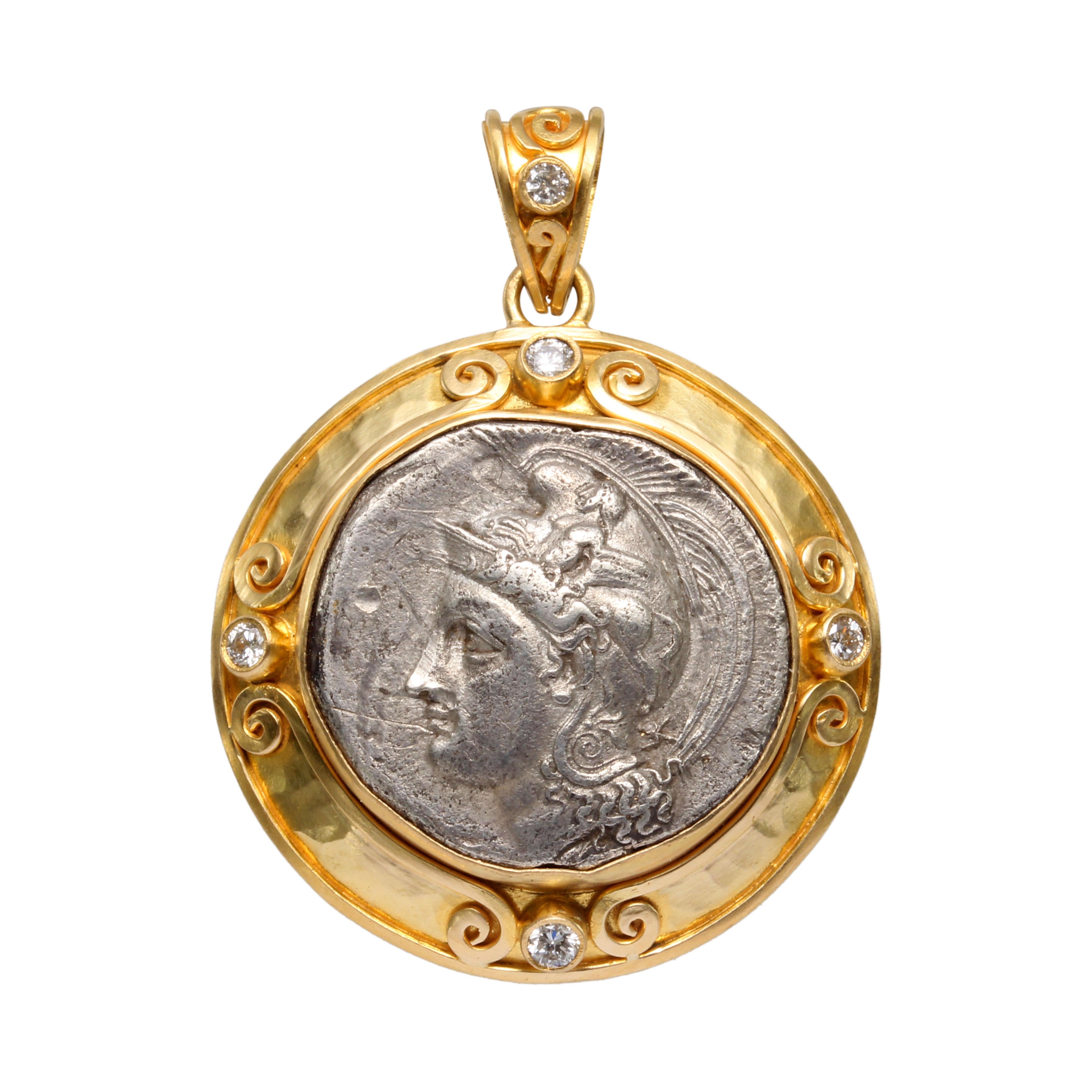 Antike griechische Göttin Athena Münze Diamanten 18K Gold Anhänger aus dem 4. Jahrhundert BC im Angebot 2