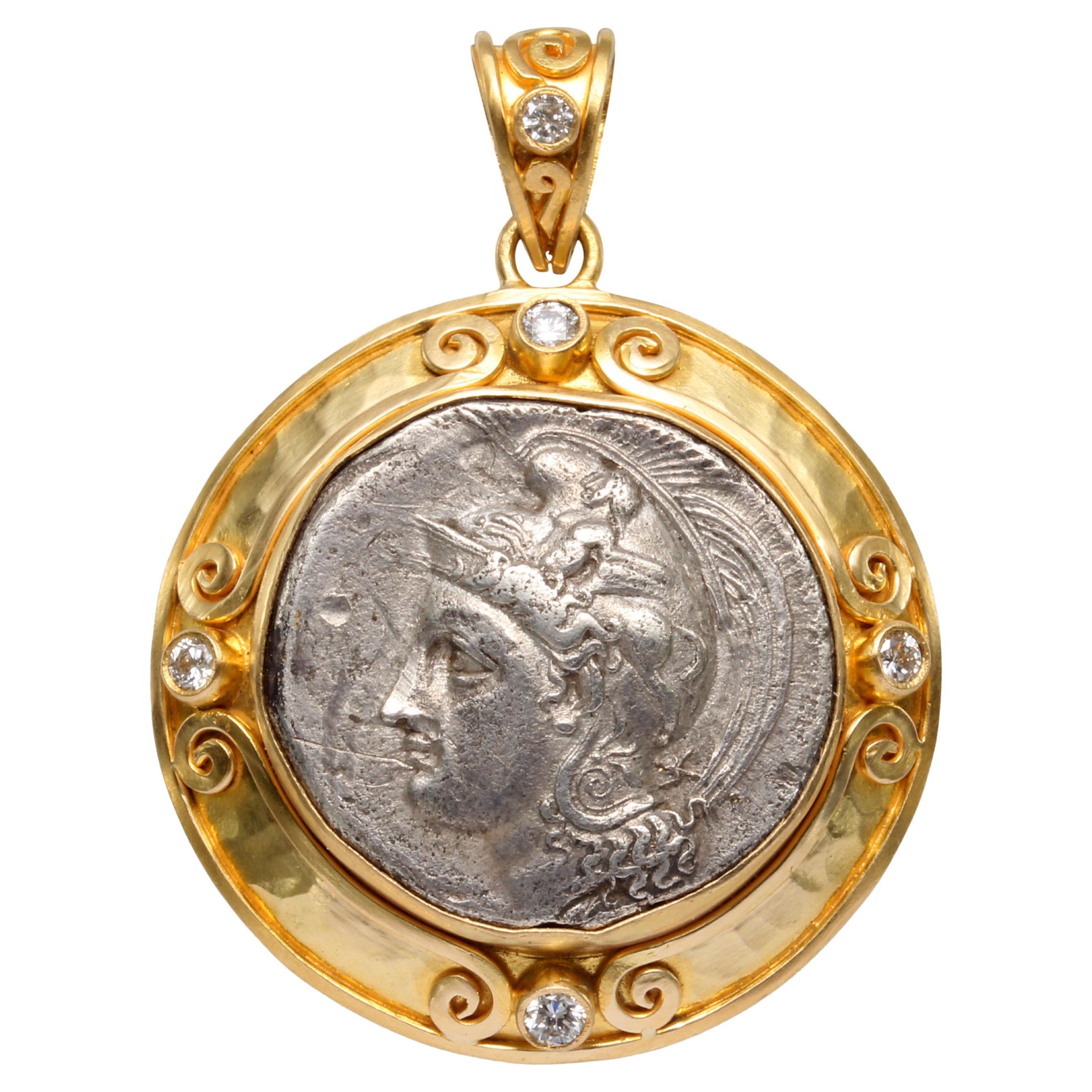 Ancient Greek 4th Century BC Goddess Athena Coin Diamonds 18K Gold Pendant