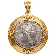 Antiguo Griego Siglo IV a.C. Diosa Atenea Moneda Diamantes Colgante Oro 18K