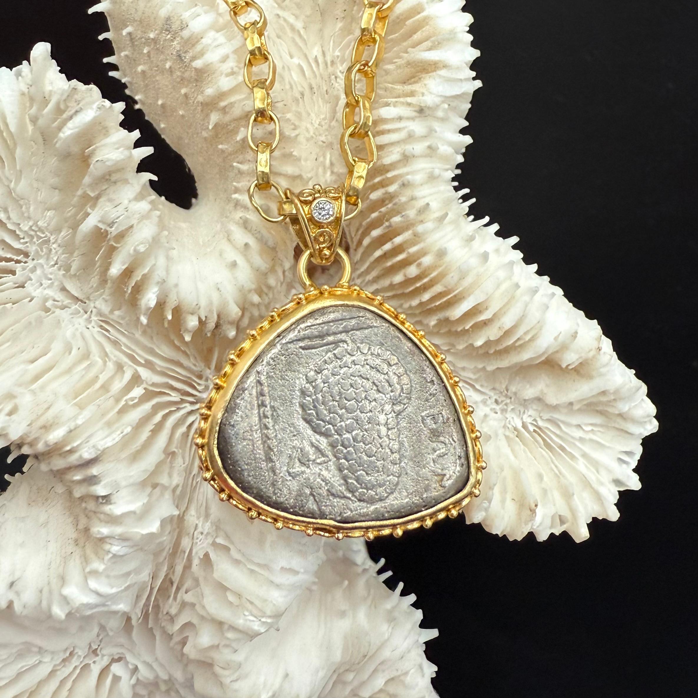 Ancient Greek 4th Century BC Silver Grapes and Fly Coin Diamond 18K Gold Pendant For Sale 4