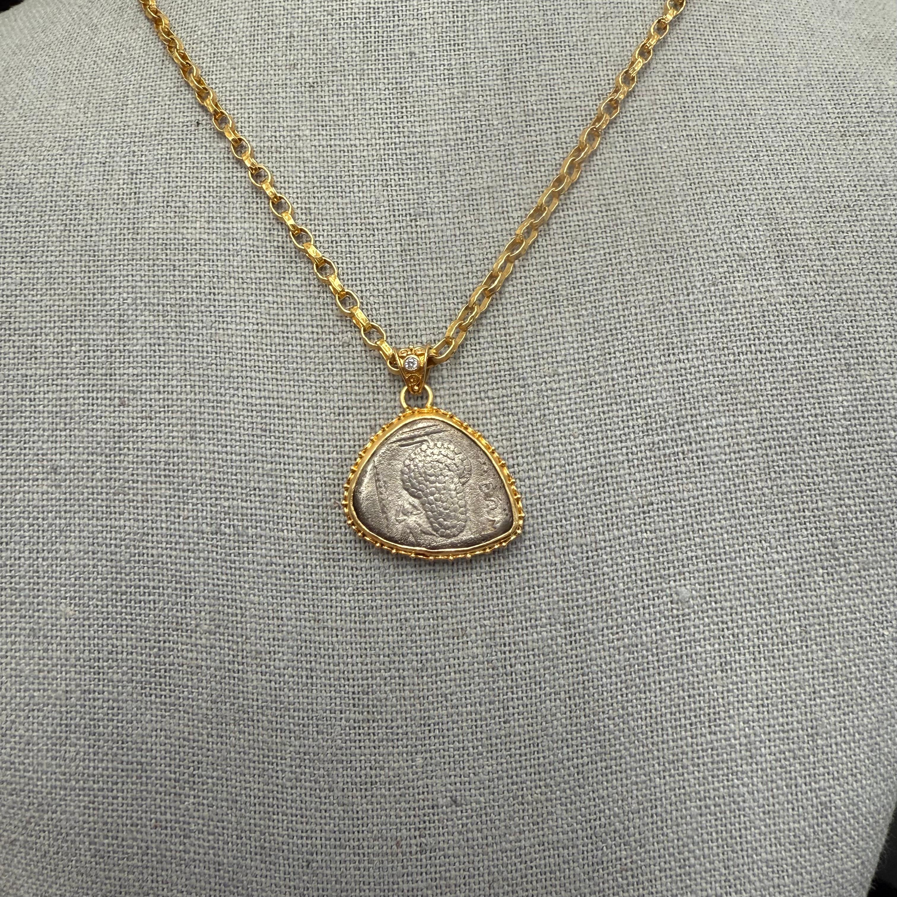 Ancient Greek 4th Century BC Silver Grapes and Fly Coin Diamond 18K Gold Pendant For Sale 5