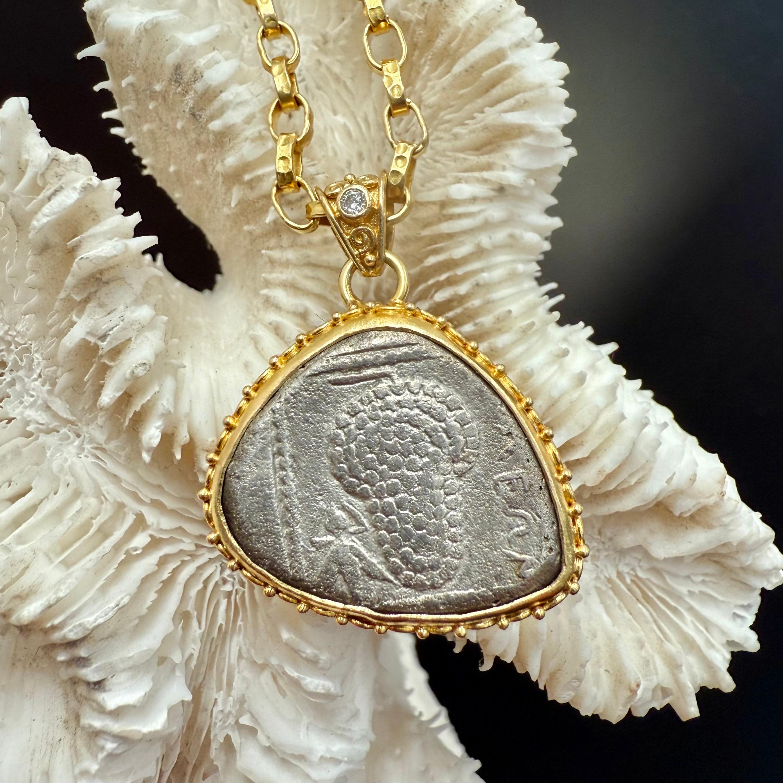 Ancient Greek 4th Century BC Silver Grapes and Fly Coin Diamond 18K Gold Pendant For Sale 6