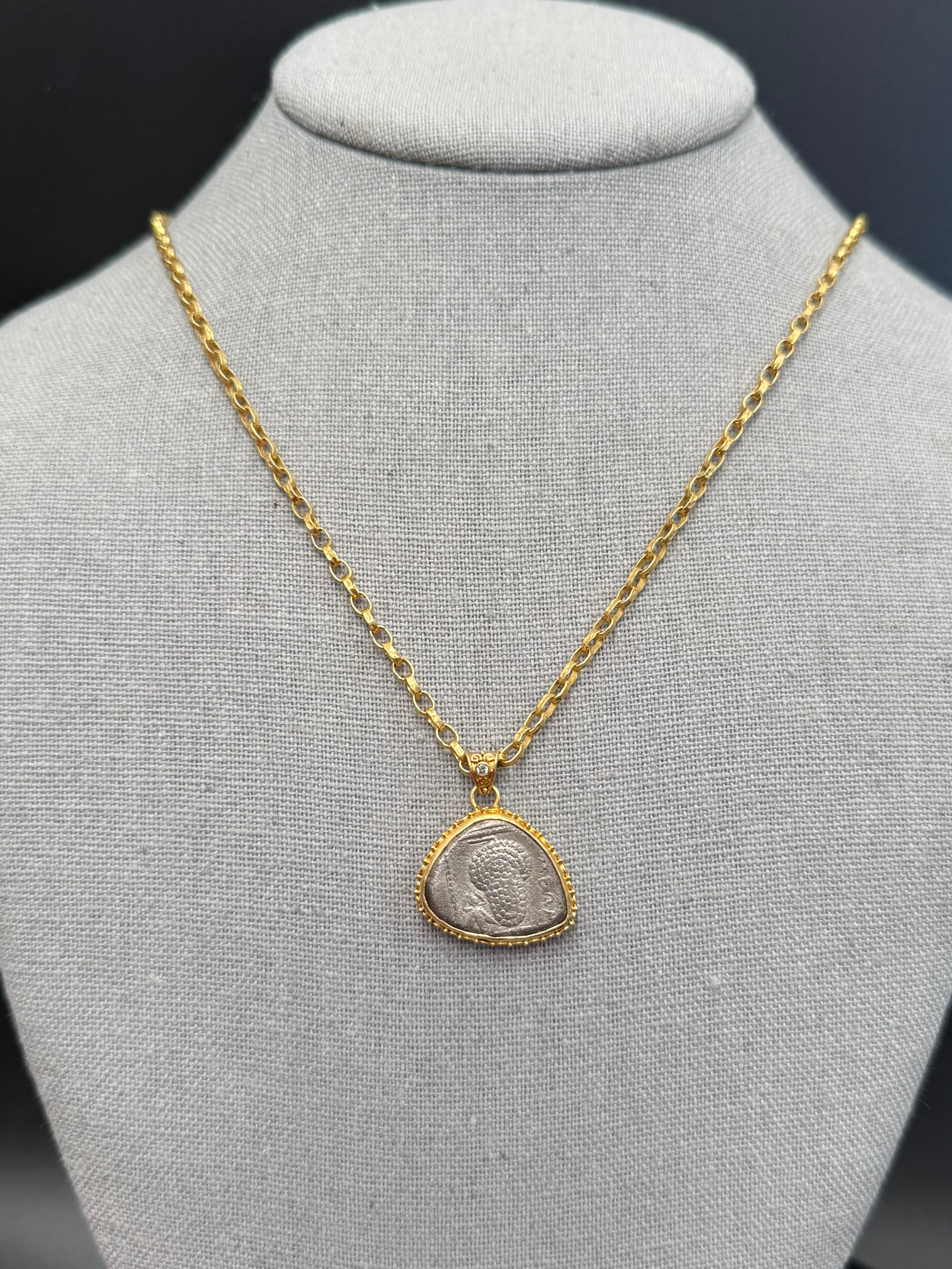 Classical Greek Ancient Greek 4th Century BC Silver Grapes and Fly Coin Diamond 18K Gold Pendant For Sale