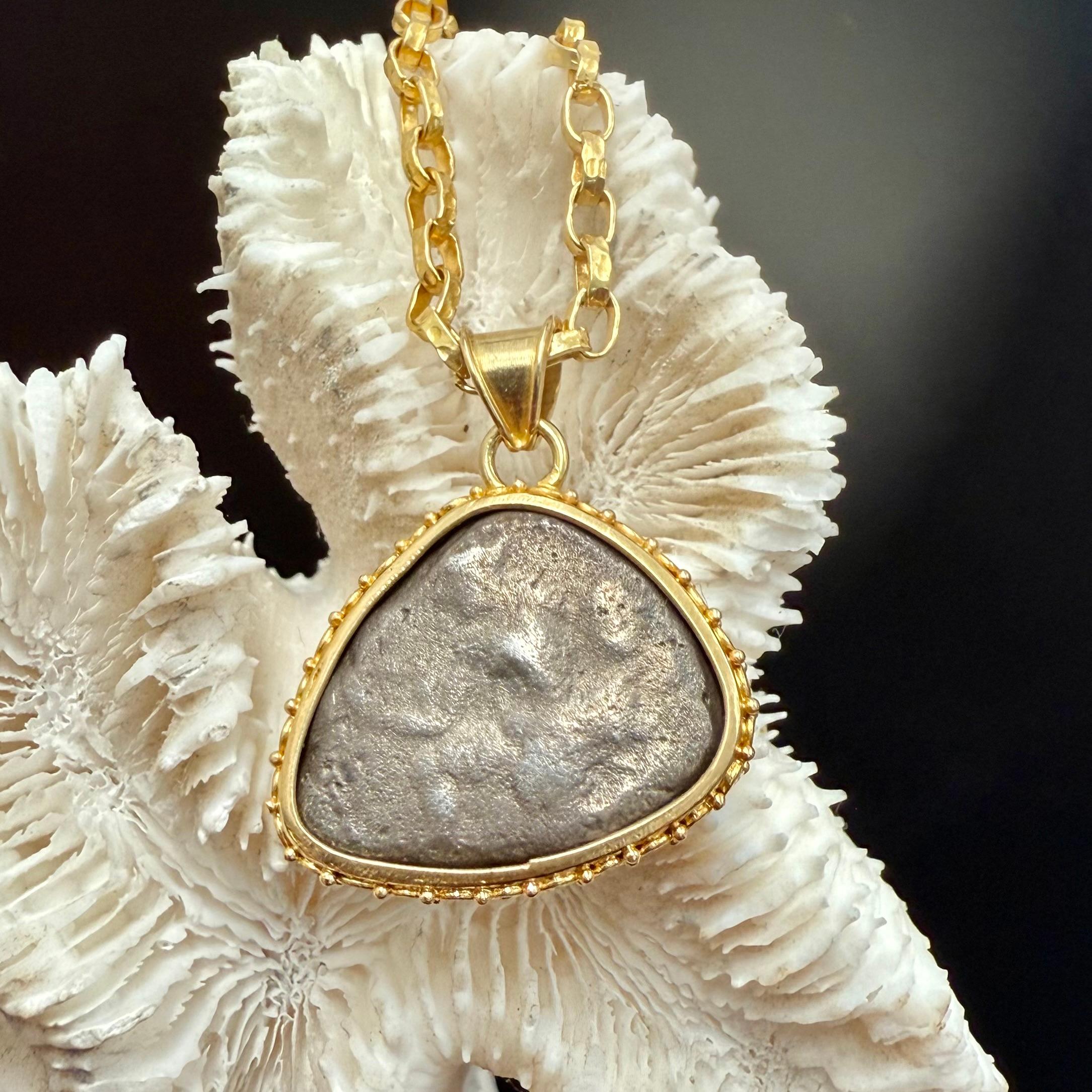 Rose Cut Ancient Greek 4th Century BC Silver Grapes and Fly Coin Diamond 18K Gold Pendant For Sale