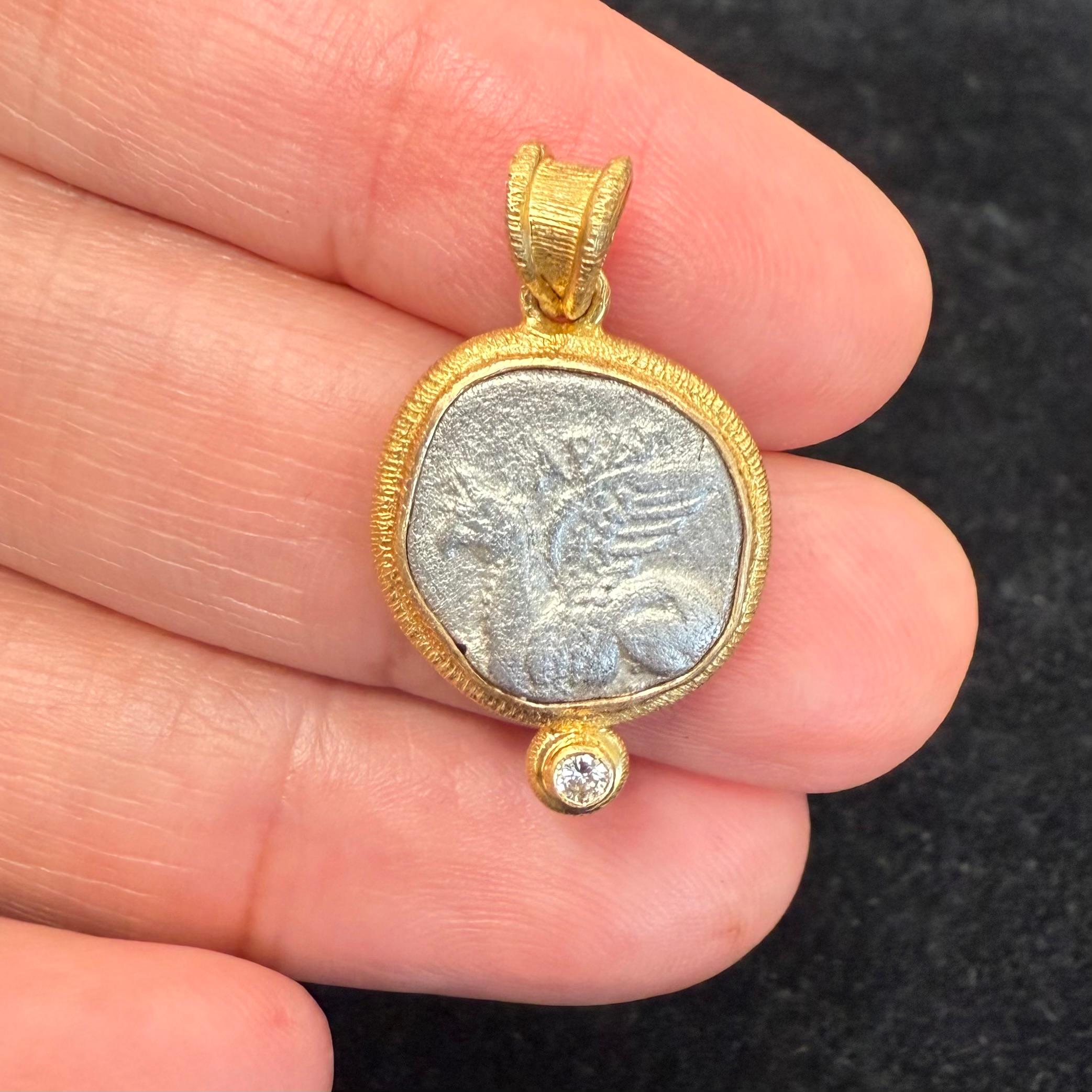 Ancient Greek 4th Century BC Silver Griffin Coin Diamond 18K Gold Pendant For Sale 4