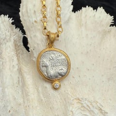 Ancient Greek 4th Century BC Silver Griffin Coin Diamond 18K Gold Pendant
