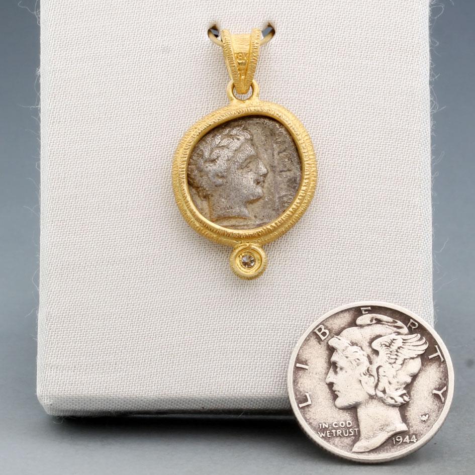 Rose Cut Ancient Greek 4th Century BC Silver Griffin Coin Diamond 18K Gold Pendant For Sale