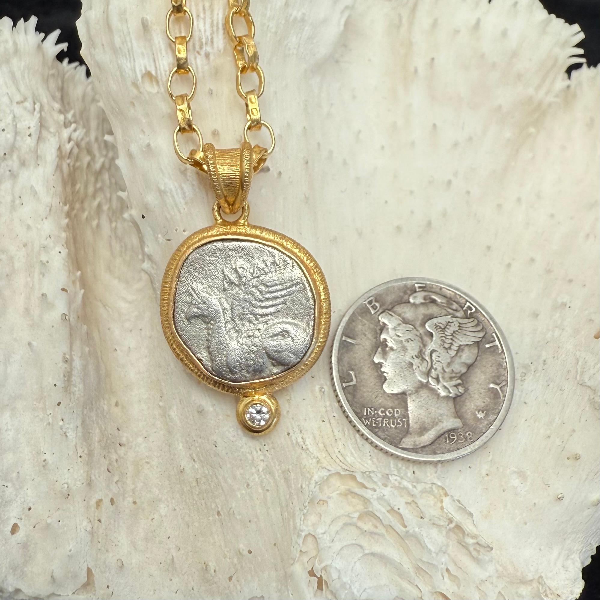 Women's or Men's Ancient Greek 4th Century BC Silver Griffin Coin Diamond 18K Gold Pendant For Sale