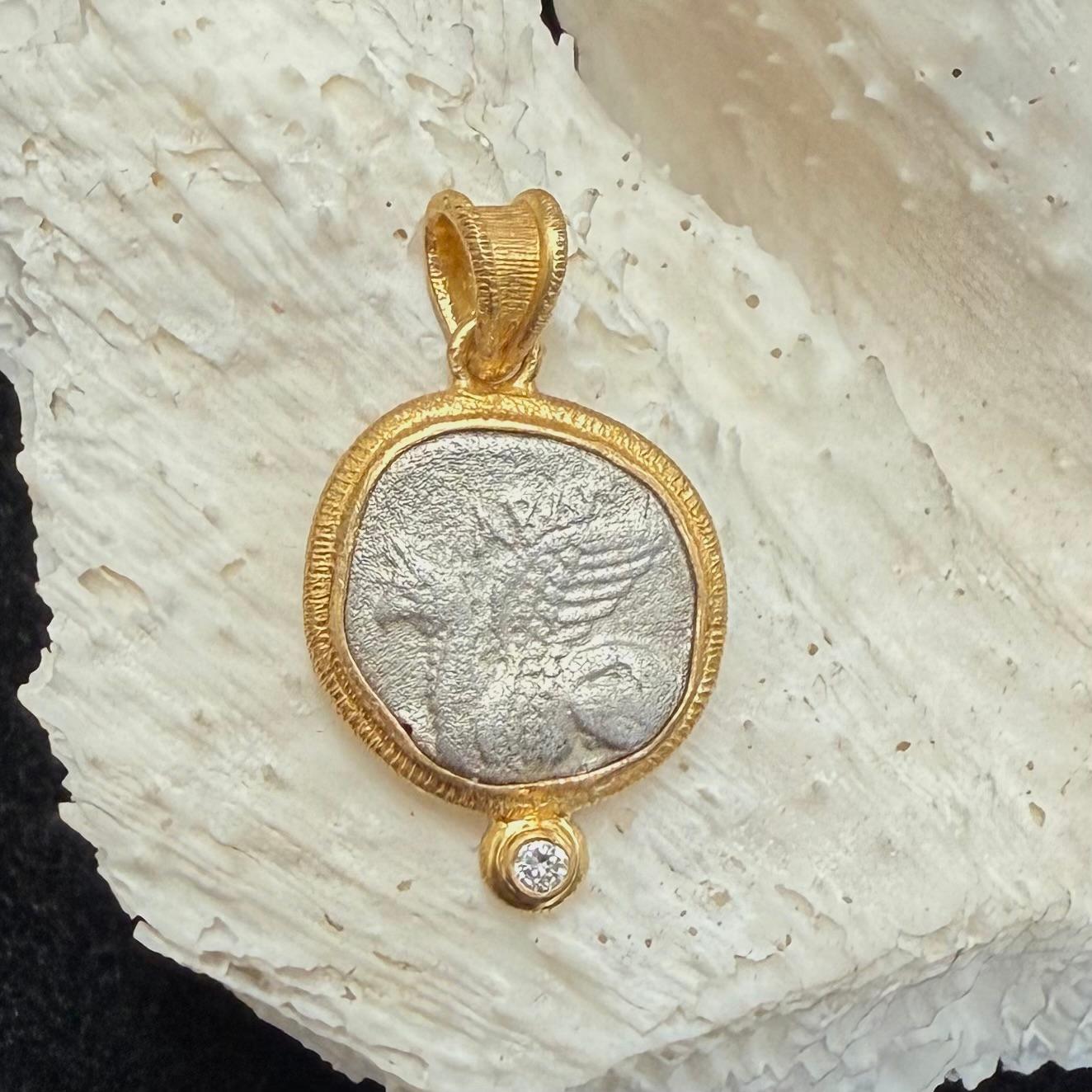 Ancient Greek 4th Century BC Silver Griffin Coin Diamond 18K Gold Pendant For Sale 1