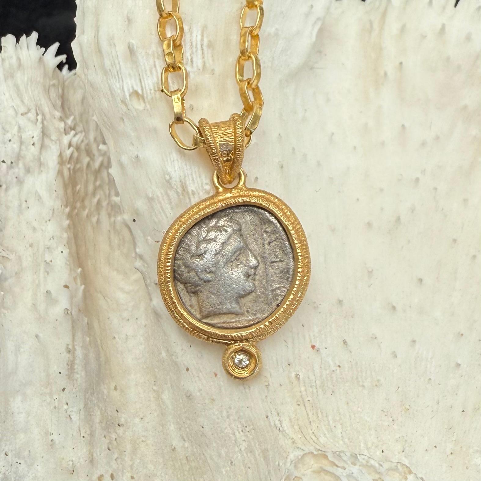 Ancient Greek 4th Century BC Silver Griffin Coin Diamond 18K Gold Pendant For Sale 3