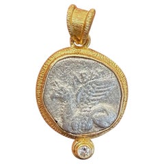 Ancient Greek 4th Century BC Silver Griffin Coin Diamond 18K Gold Pendant