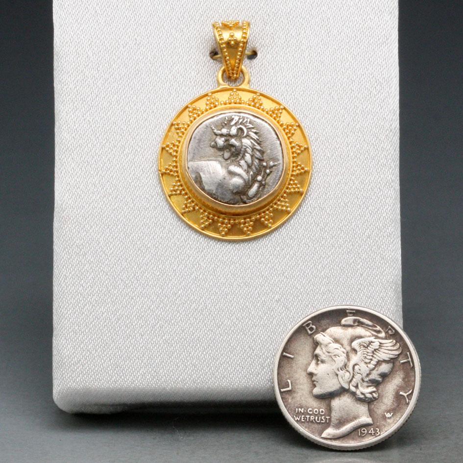 Ancient Greek 4th Century BC Silver Lion Coin 22K Gold Pendant For Sale 3