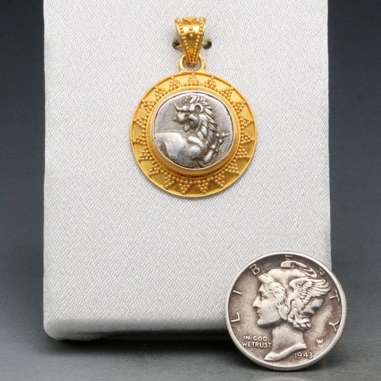 Ancient Greek 4th Century BC Silver Lion Coin 22K Gold Pendant For Sale 6